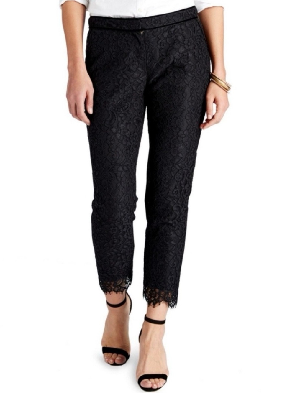 Vineyard Vines Women’s Sz 10 Black Floral Lace Velvet Trim Crop Cocktail Pants
